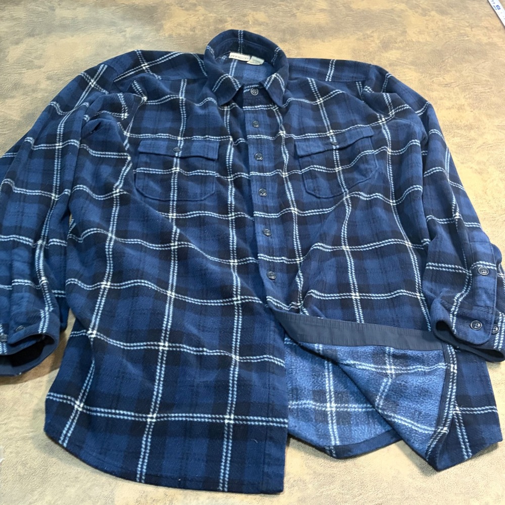 LL Bean Fleece Shirt Jacket Mens XL Tall Blue Plaid Button Up Shacket 273075
